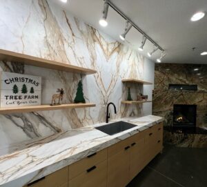 A bookmatched countertop backsplash at the Tops Countertops showroom